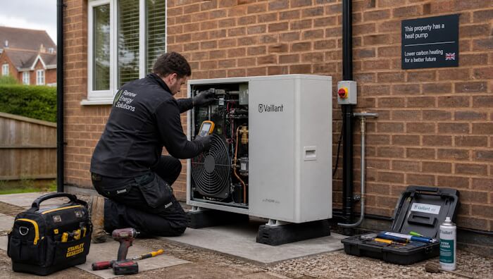 Heat pump being serviced