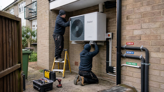 Air source heat pump outside a home